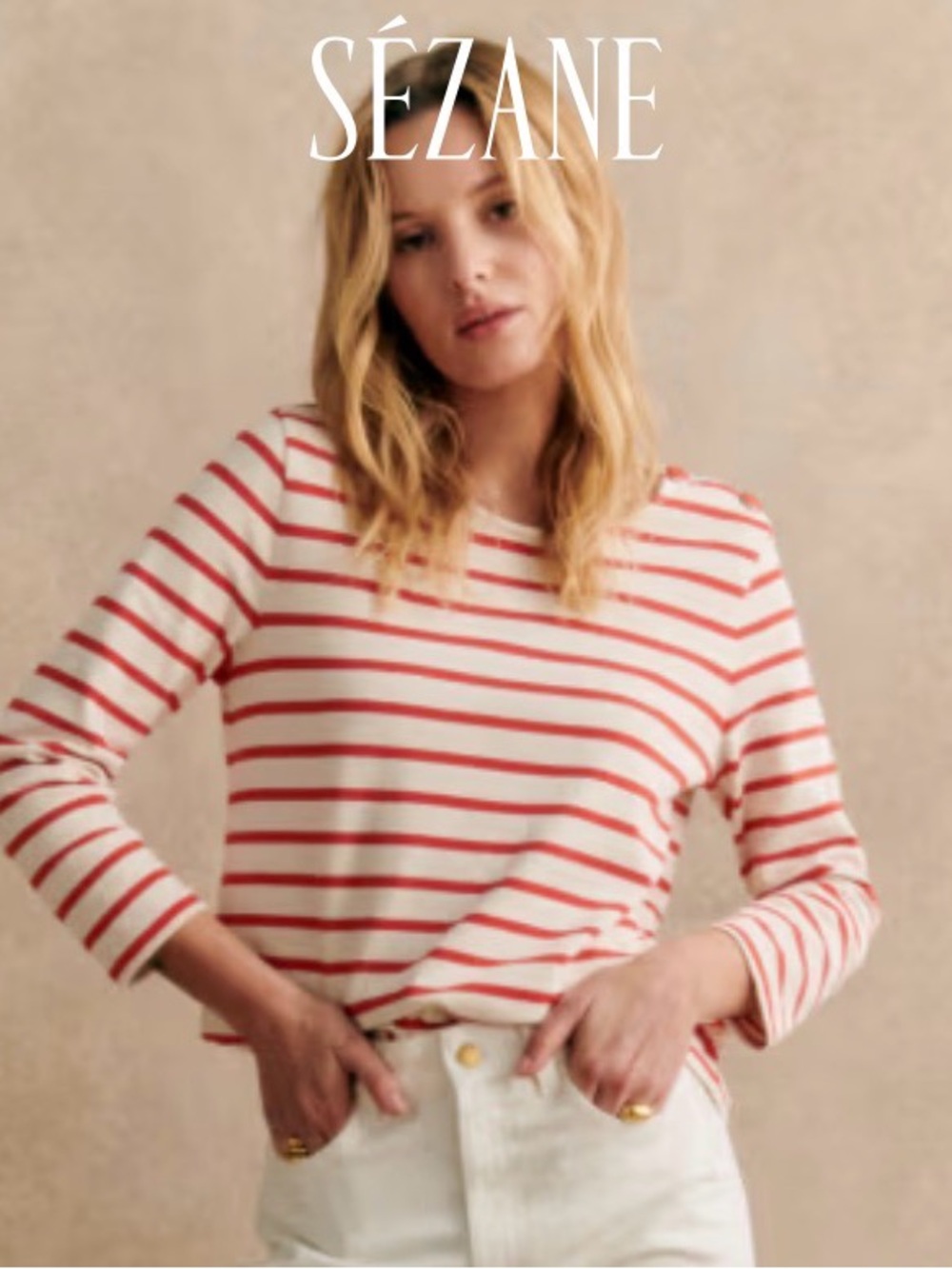 Sezane Colette Mariniere red cream Breton striped women’s top tee shirt m medium